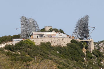 The radar station with the 4 large antennas. Lefkada Greece