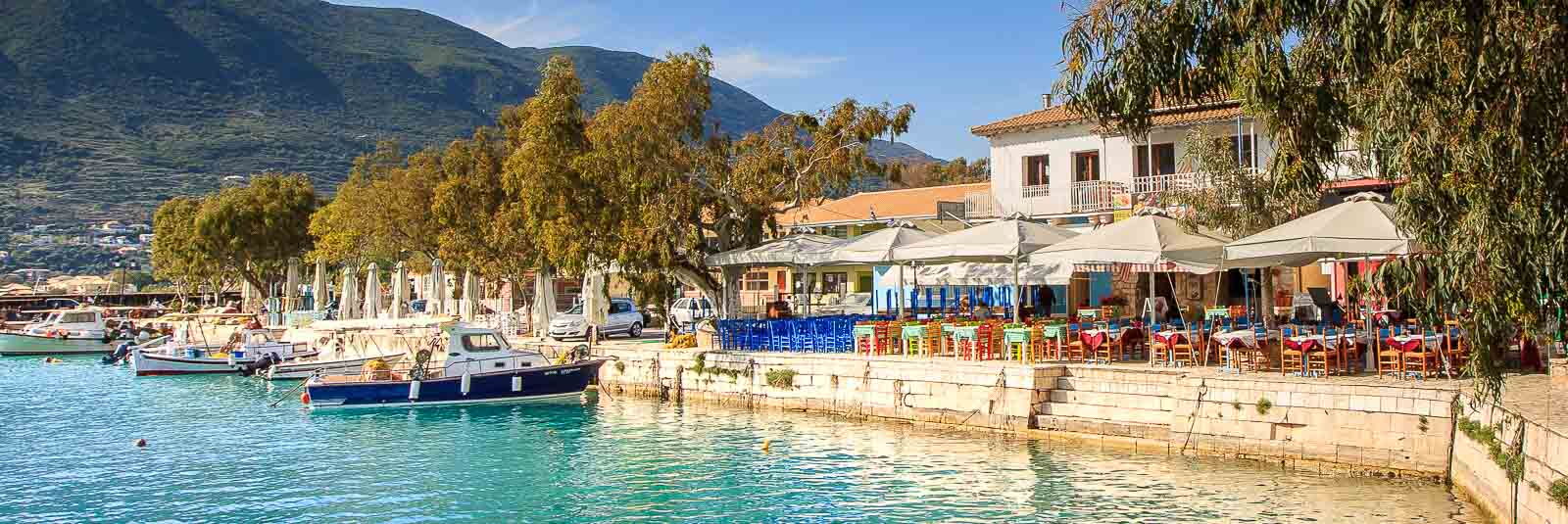 Vasiliki harbor withe some of its  Holiday homes and restaurants.